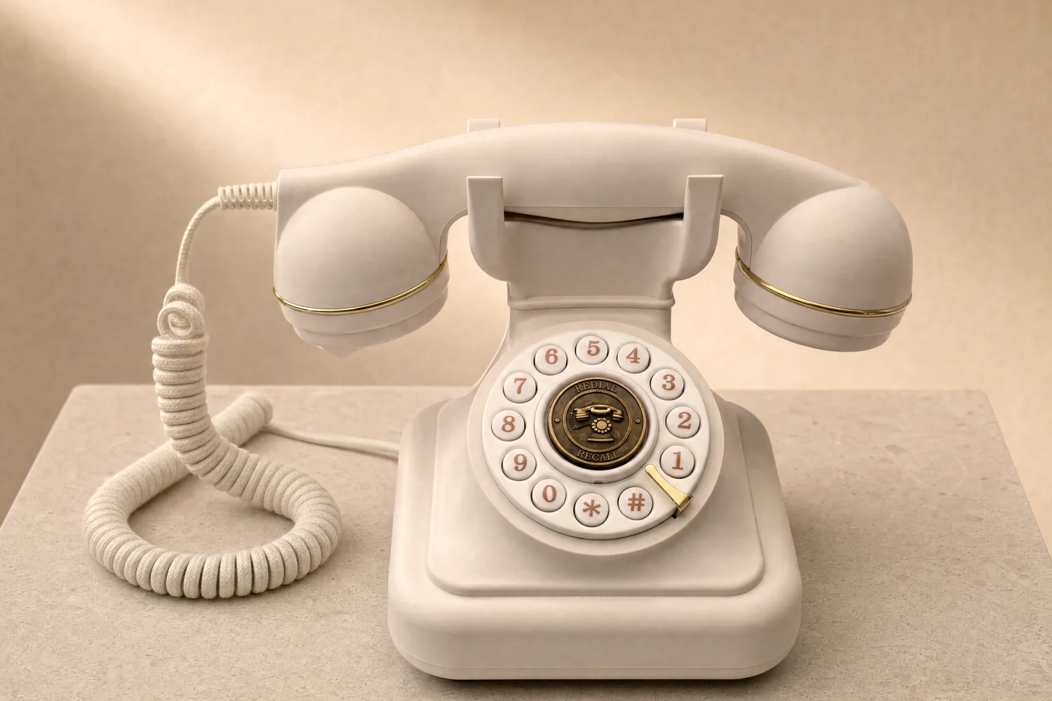 Kleines cremefarbenes Tischtelefon mit runder Tastenscheibe, Messingmitte und gedrehtem Stoffkabel