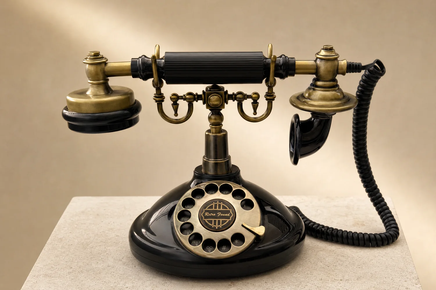 Schwarzes Vintagetelefon mit Beschlägen aus Messing und offener Wählscheibe