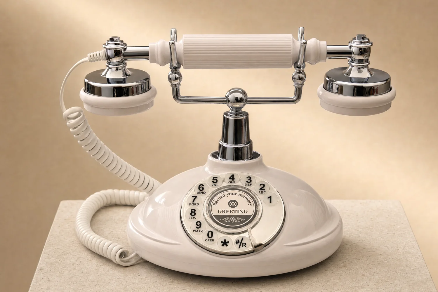 Weisses Vintagetelefon mit verchromtem Gestell und Wählscheibe, auf der Wählscheibenmitte steht Record your memory