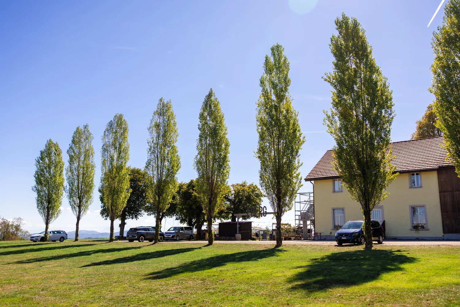 Der Gasthof Eberg mit Pappelreihe und Wiese davor unter blauem Himmel
