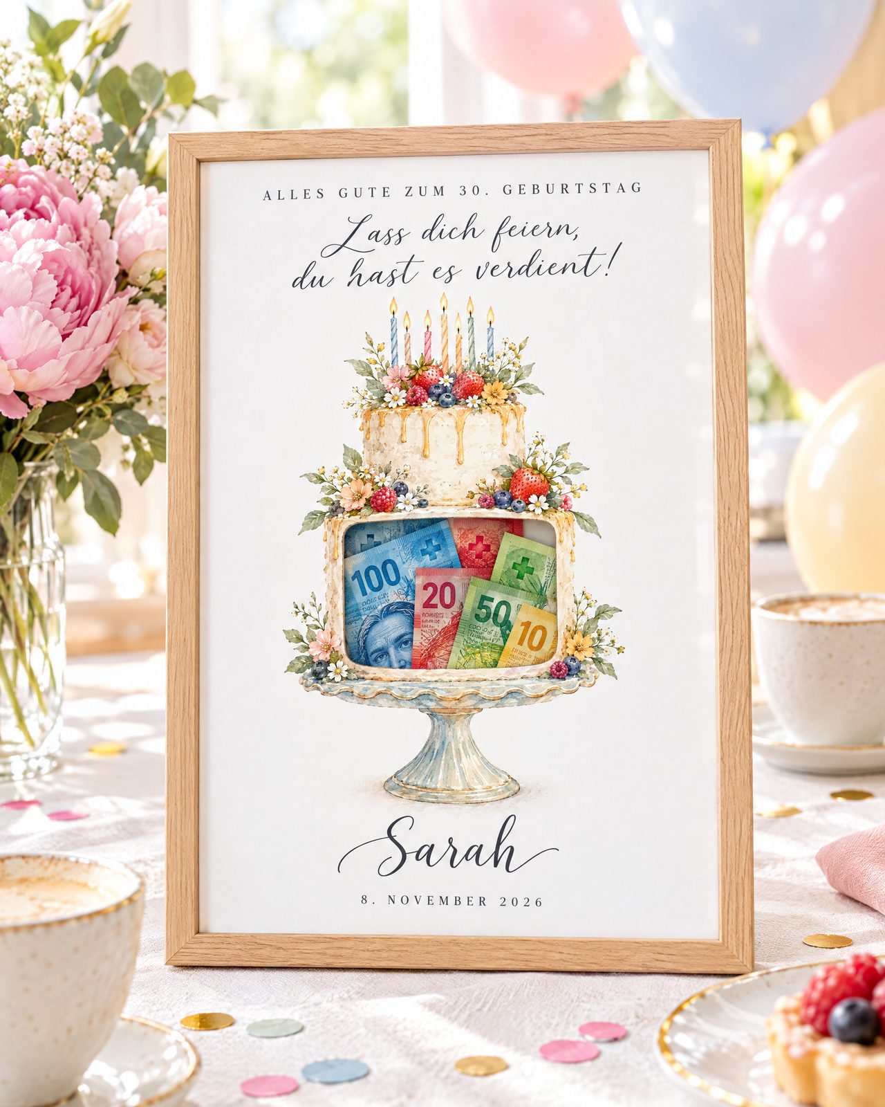Gerahmte Geburtstags-Vorlage mit Torte und Noten