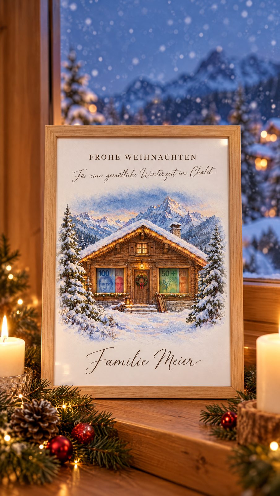 Gerahmte Weihnachts-Vorlage mit Chalet am verschneiten Fenster