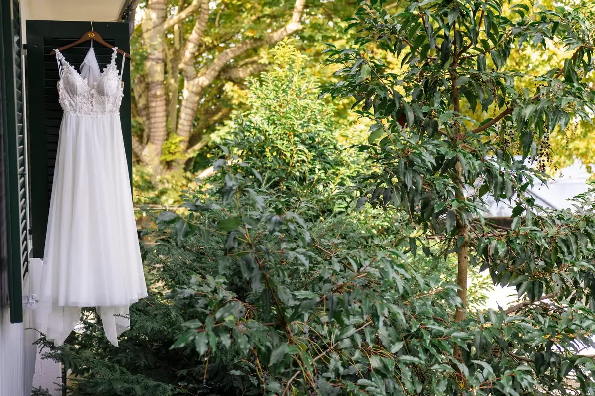Brautkleid hängt an einem Ast im Grünen, dahinter Blätter im Gegenlicht