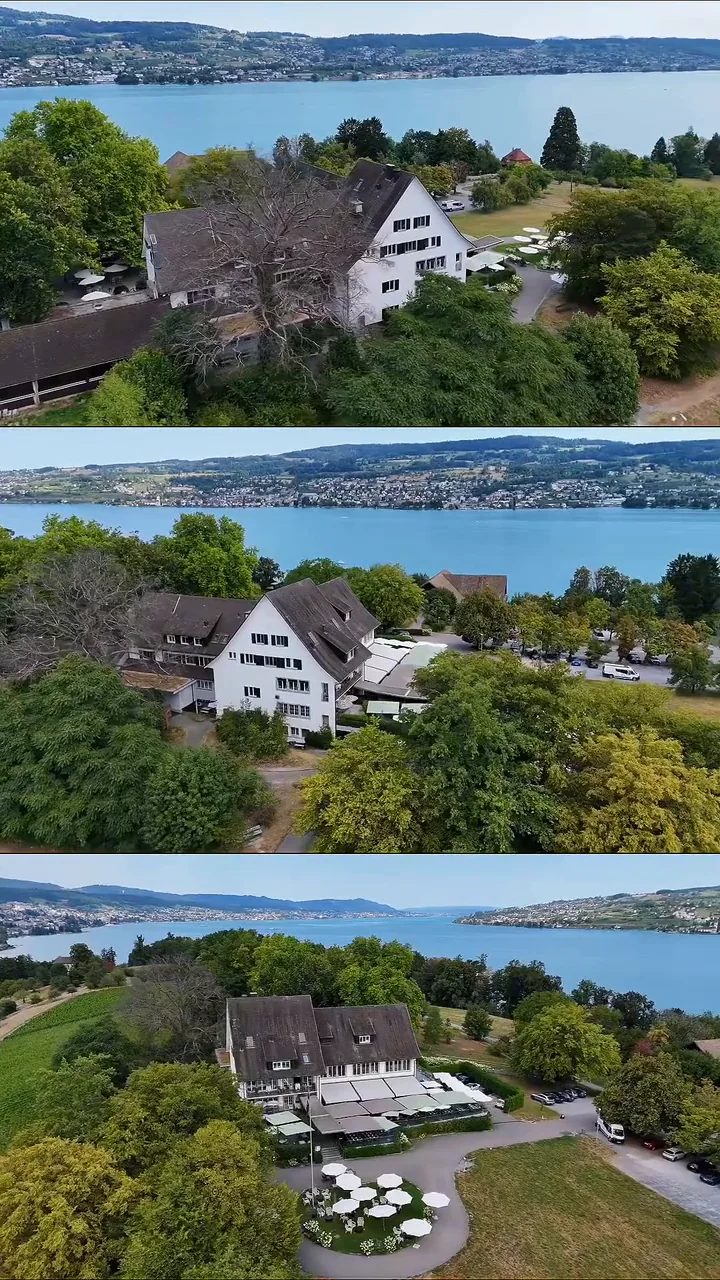 Luftaufnahme des Landgasthofs Halbinsel Au, drei Blickwinkel übereinander: das Haus von der Seeseite, von hinten und mit der Terrasse