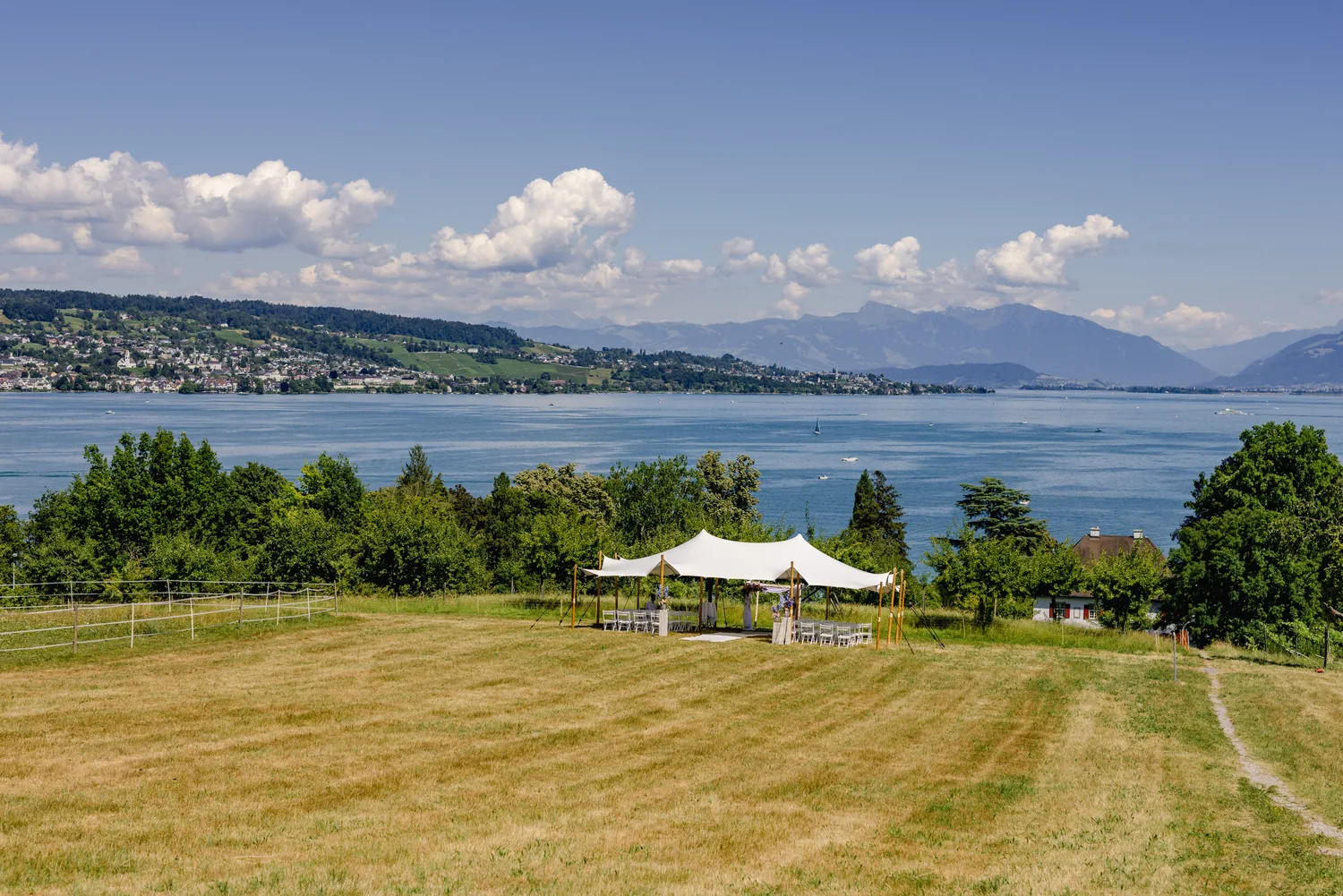 Weisses Stretchzelt mit Stuhlreihen steht auf einer gemähten Wiese, dahinter der Zürichsee und die Alpen