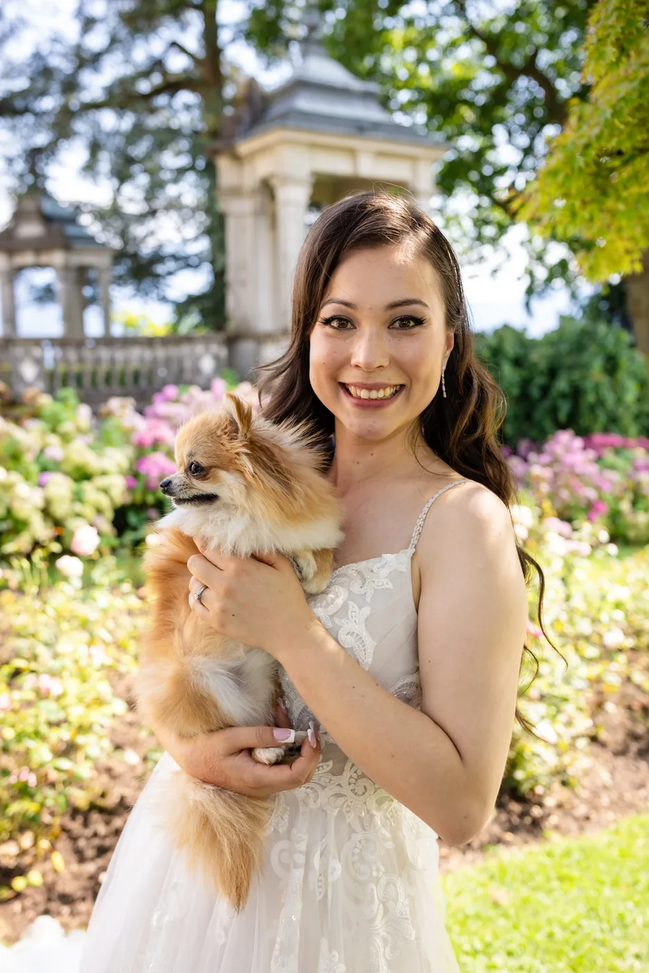 Braut mit dem Hund im Arm im Rosengarten