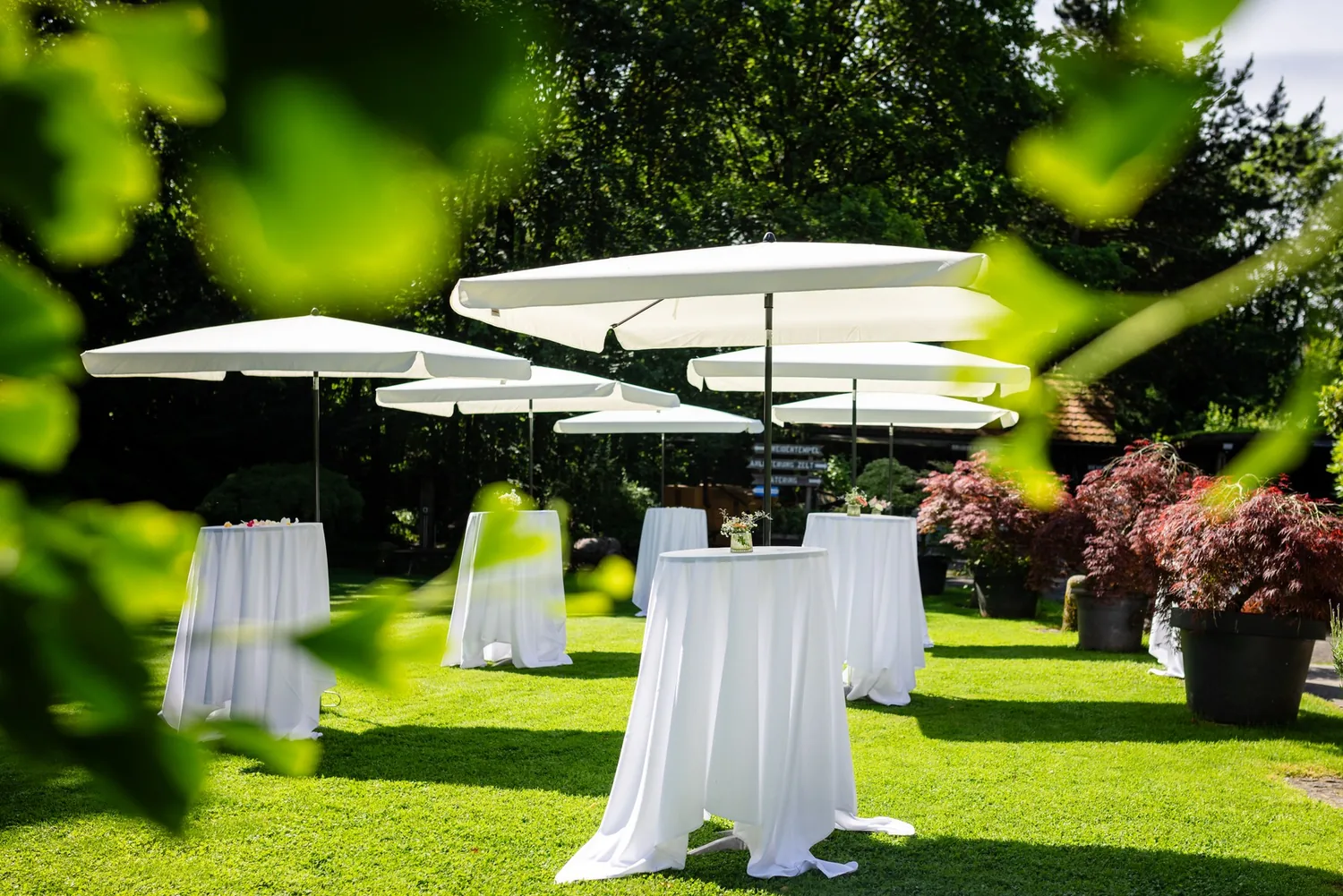 Weisse Sonnenschirme und Stehtische auf dem Rasen im Traumgarten