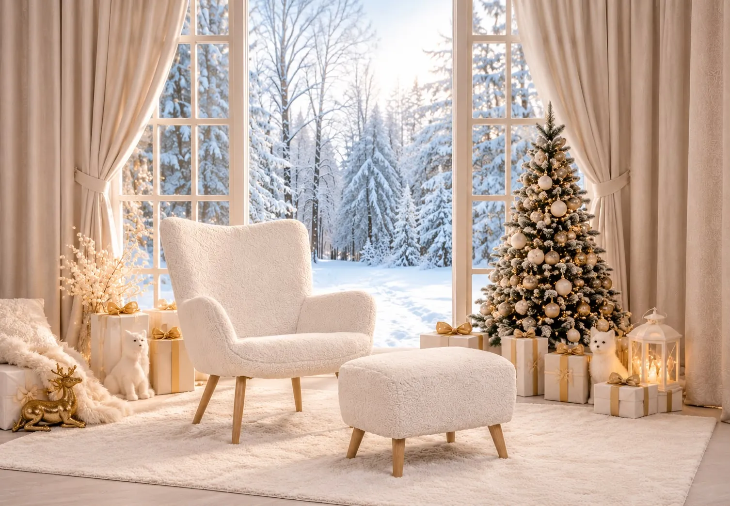 Die Weihnachtskulisse im Studio mit Winterfenster, Sessel und Tannenbaum