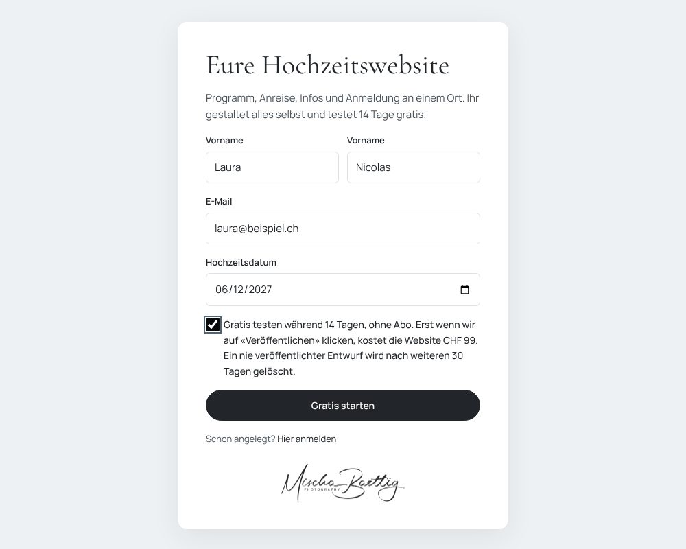 Das Startformular mit zwei Vornamen, Mailadresse und Hochzeitsdatum, darunter der Knopf «Gratis starten»